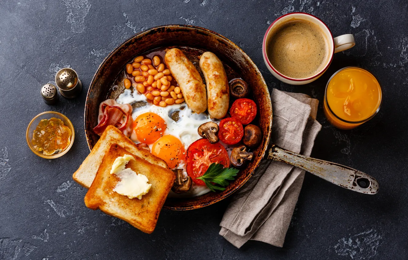 Photo wallpaper sausage, scrambled eggs, tomato, bacon, pan, toast, beans