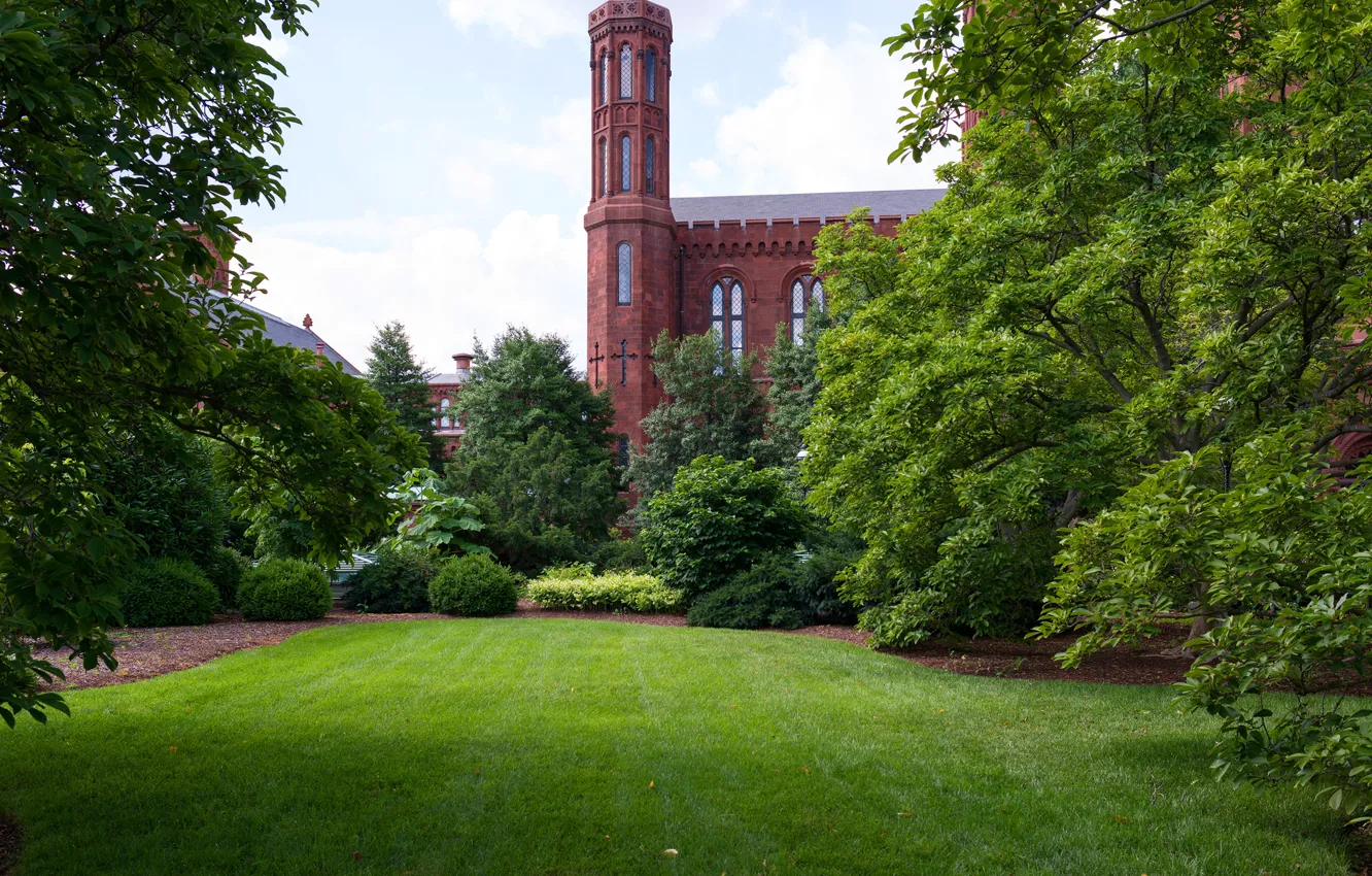 Photo wallpaper greens, the sky, grass, clouds, trees, Park, castle, lawn