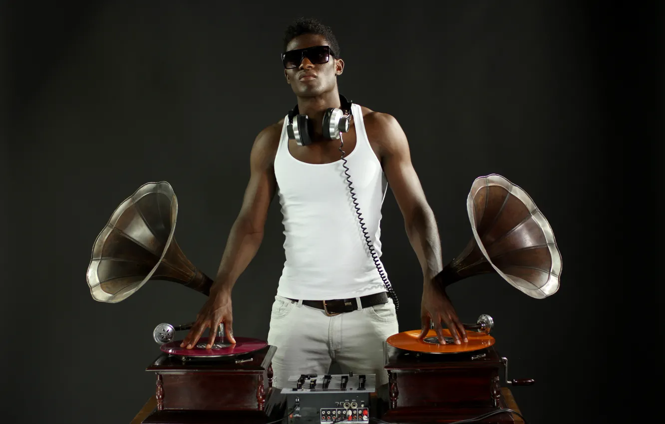 Photo wallpaper headphones, Mike, remote, record, DJ, black, sunglasses