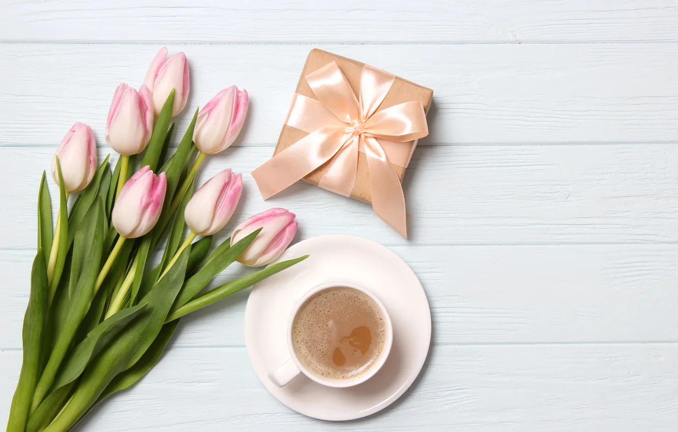 Photo wallpaper flowers, gift, bouquet, tulips, pink, wood, pink, flowers