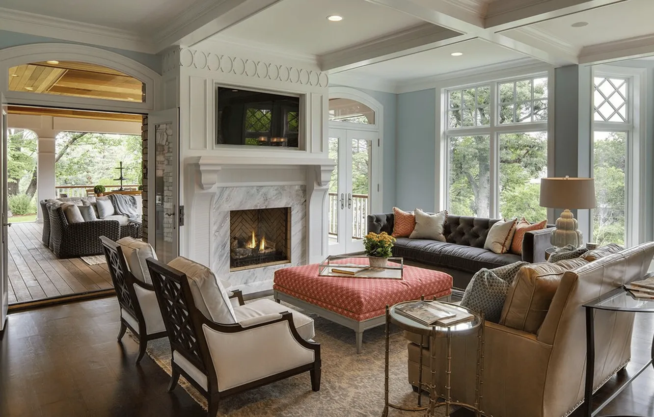 Photo wallpaper Villa, interior, fireplace, living room