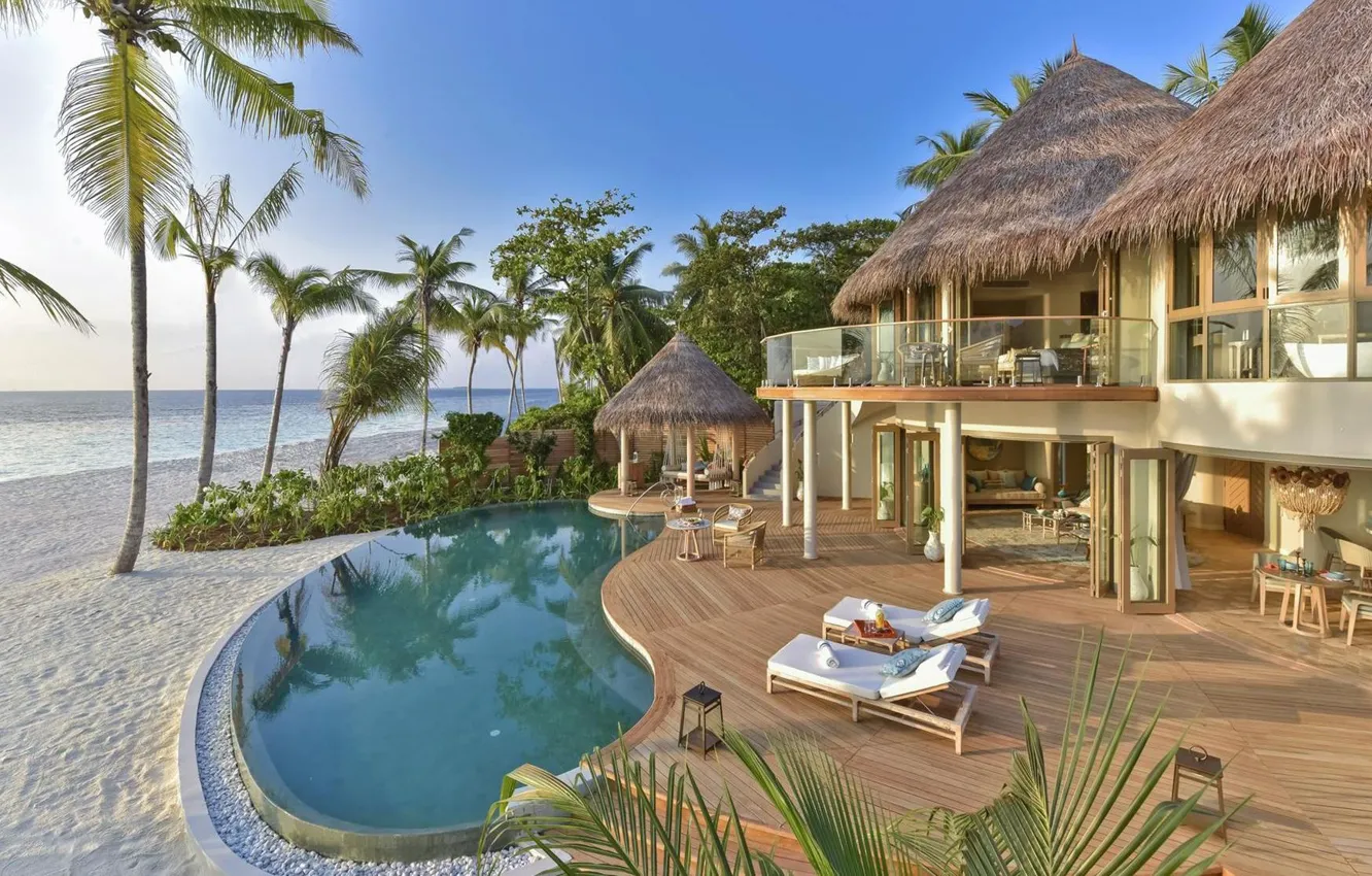 Photo wallpaper beach, the ocean, Villa, pool, The Maldives, resort, Bungalow, luxus