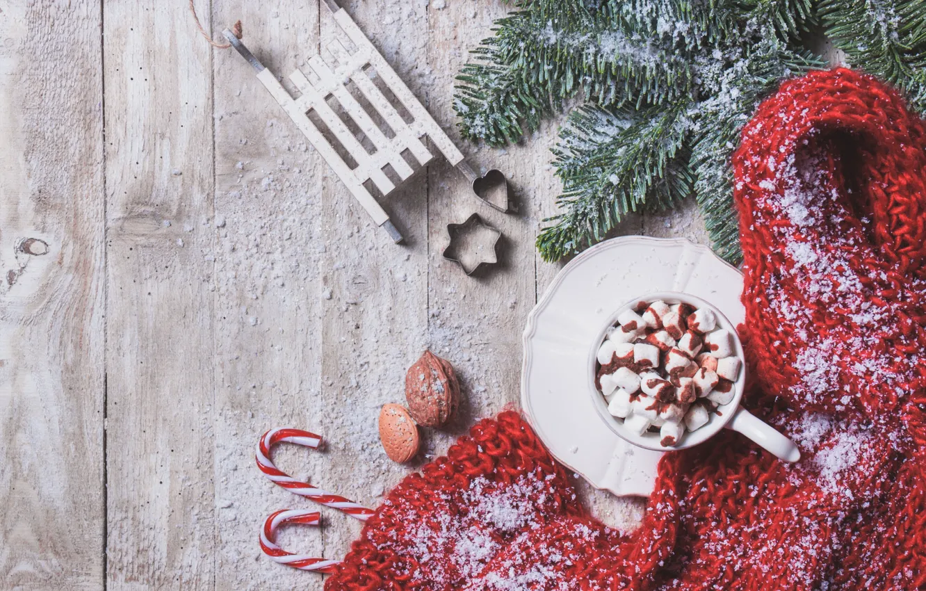 Photo wallpaper winter, Cup, hot chocolate, marshmallows, Valeria Maksakova