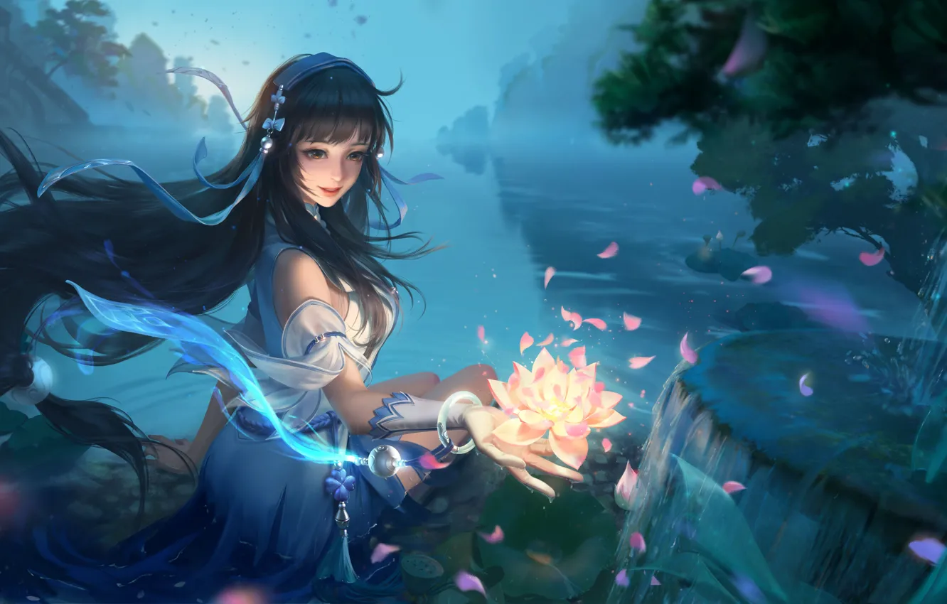 Photo wallpaper girl, flowers, lake, style, fiction, the game, petals, art