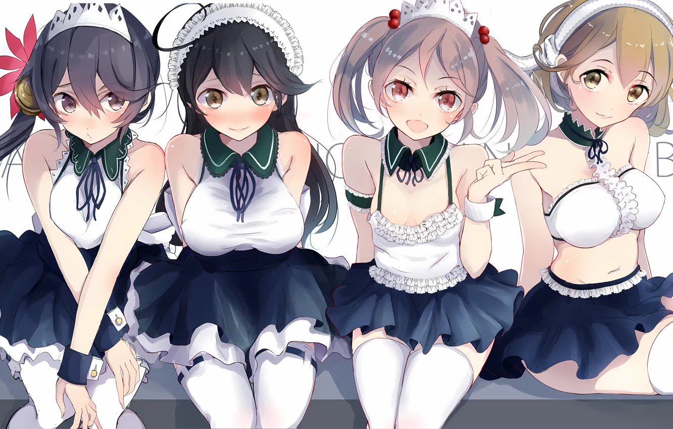 Photo wallpaper sexy, cleavage, blouse, thighhighs, pink hair, long hair, girls, brown hair