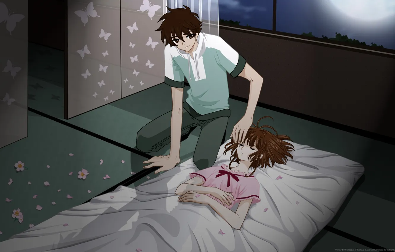 Photo wallpaper girl, flowers, night, the moon, butterfly, home, anime, petals