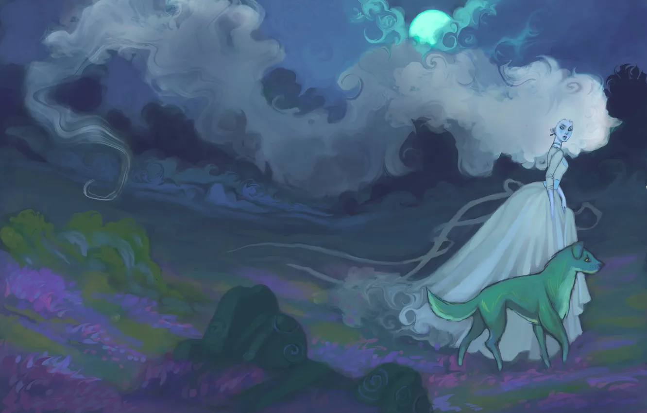 Photo wallpaper girl, dog, art, Mist on the Moors