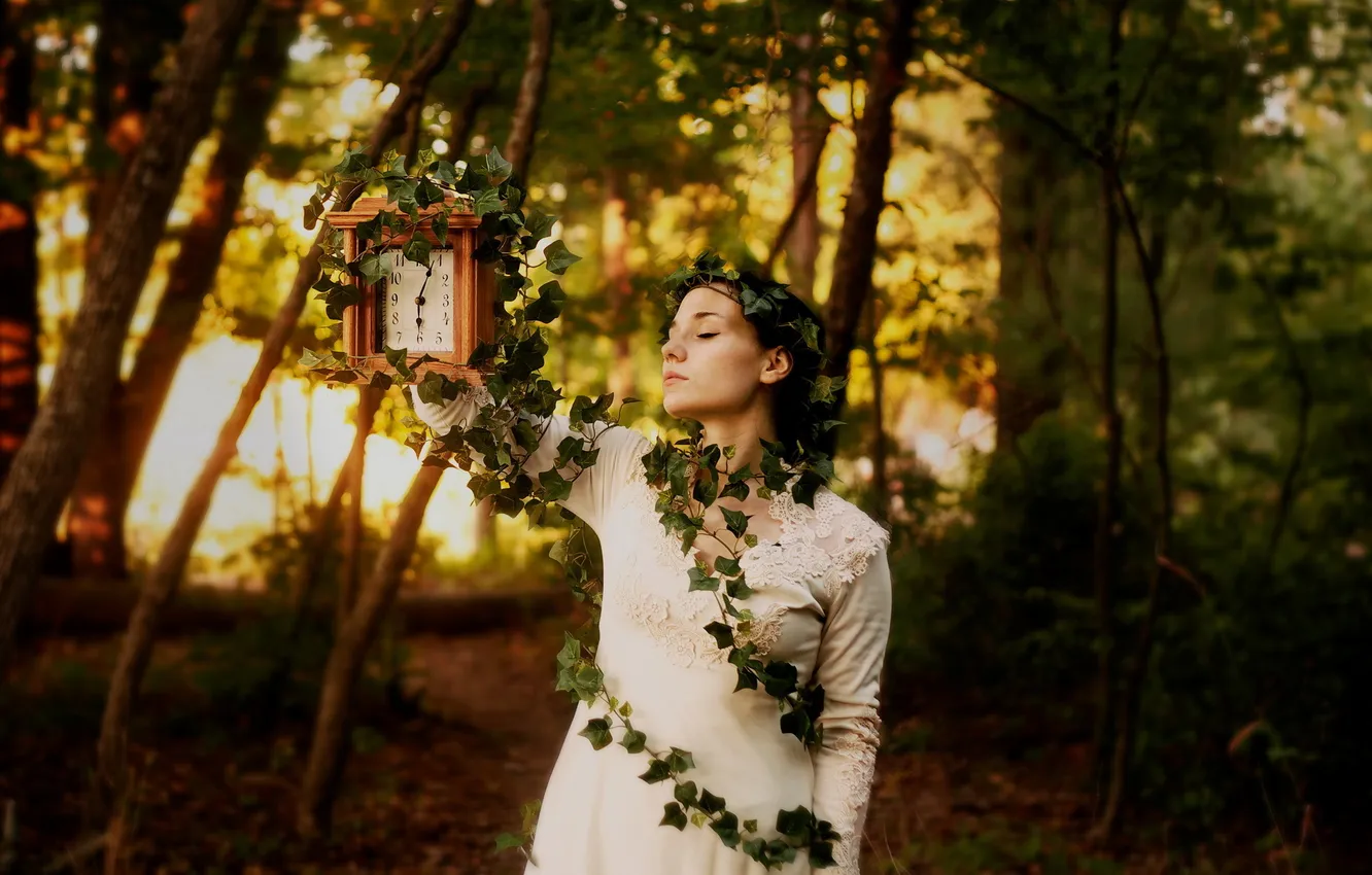 Photo wallpaper forest, girl, time, watch