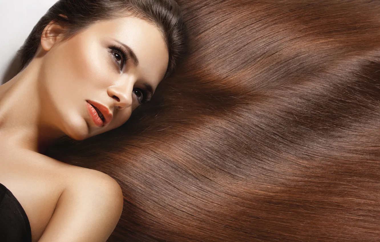 Photo wallpaper look, girl, makeup, brown hair, long-haired, brown-eyed