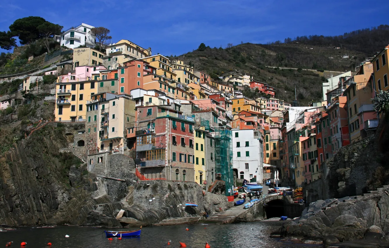 Photo wallpaper the city, photo, rocks, boat, Italy, Riomaggiore, Liguria