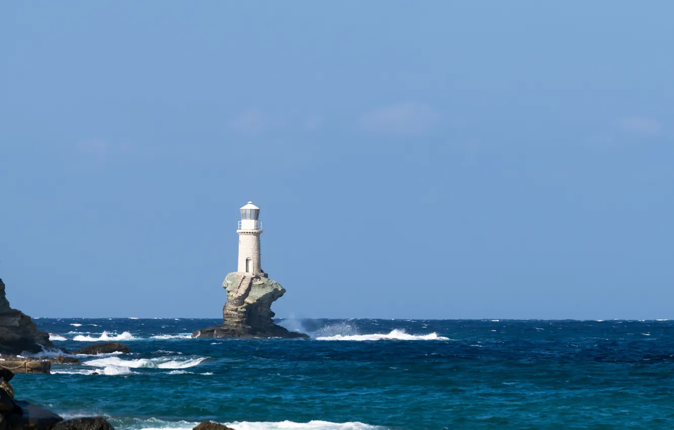 Photo wallpaper waves, sky, sea, rocks, lighthouse, sunny, troubled sea