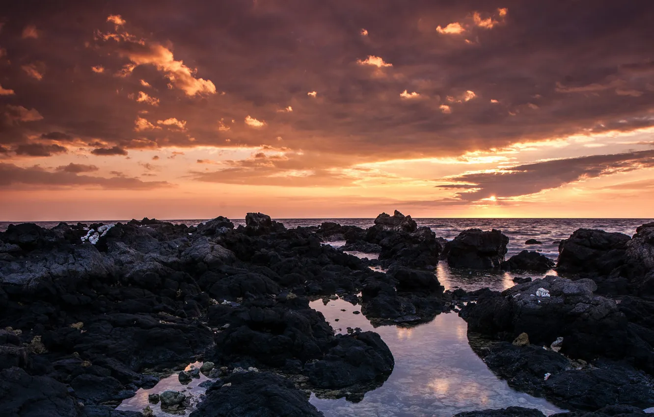 Photo wallpaper sea, clouds, sunset, clouds, stones, puddles, boulders
