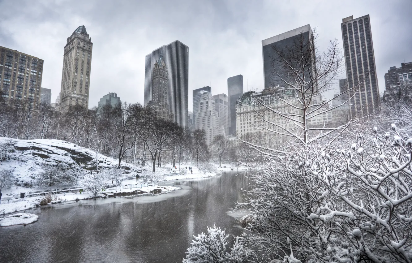 Photo wallpaper winter, trees, building, New York, Manhattan, skyscrapers, pond, Manhattan