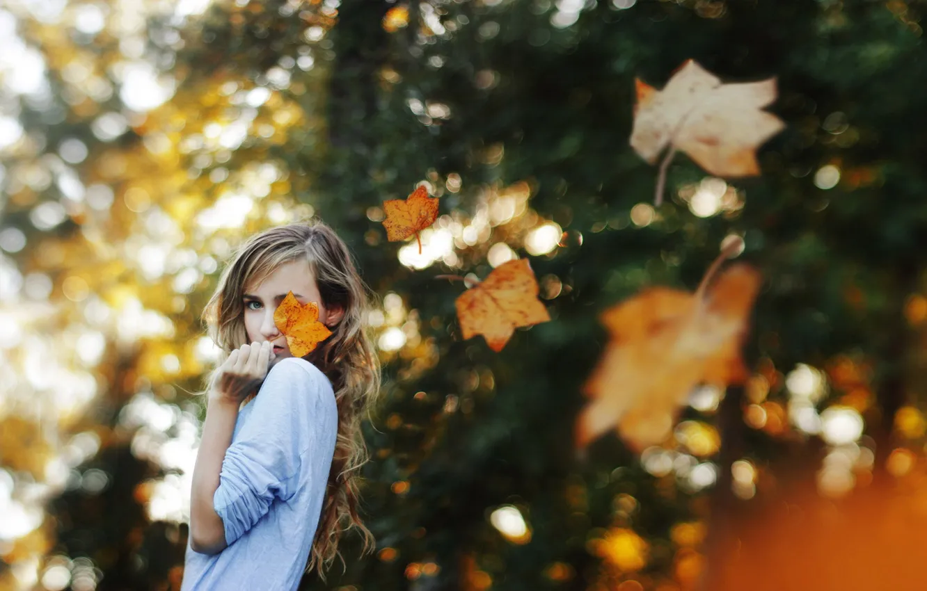 Photo wallpaper leaves, mood, girl
