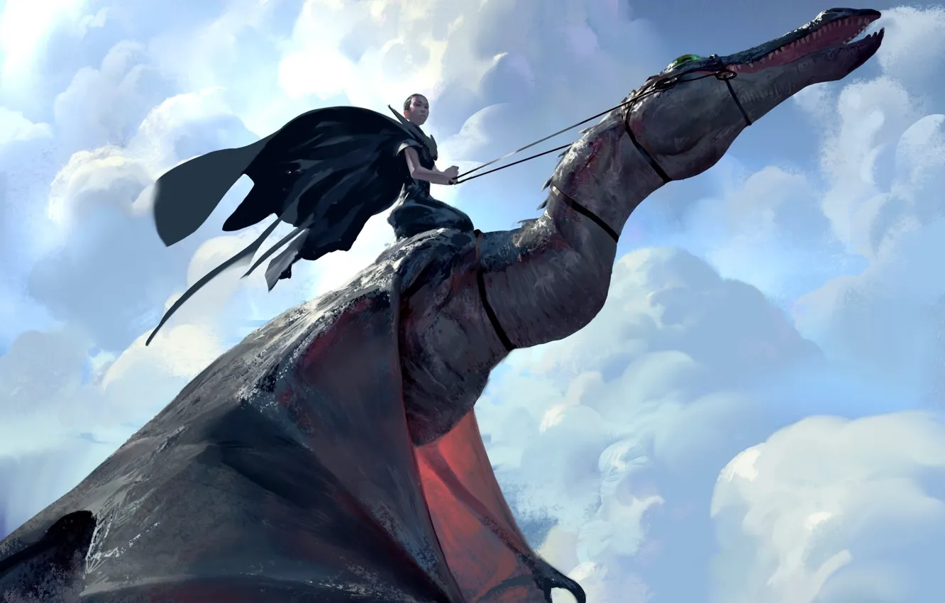 Photo wallpaper girl, fantasy, sky, wings, clouds, dragon, digital art, Rider