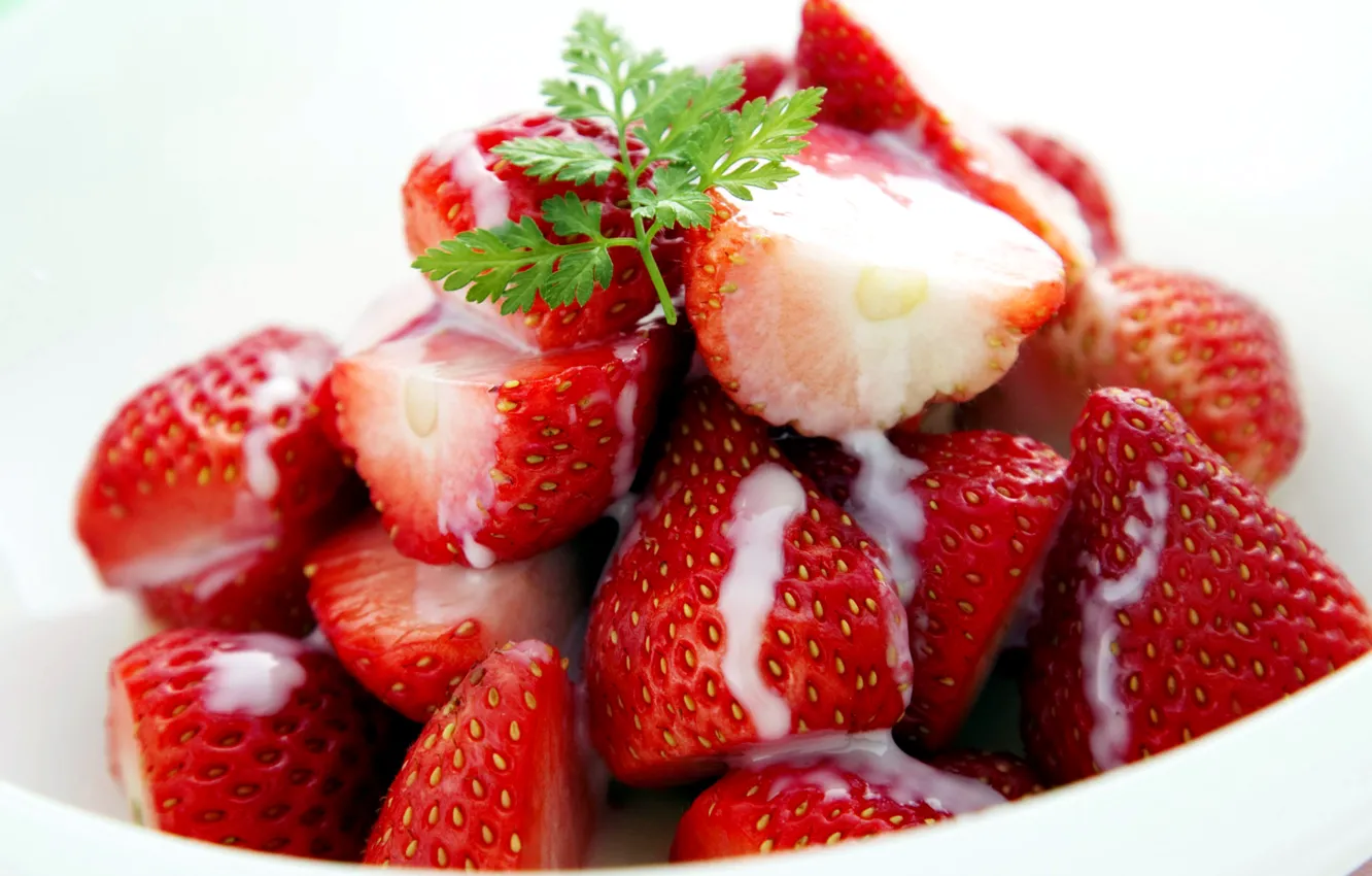 Photo wallpaper berries, cream, strawberry, Food, parsley