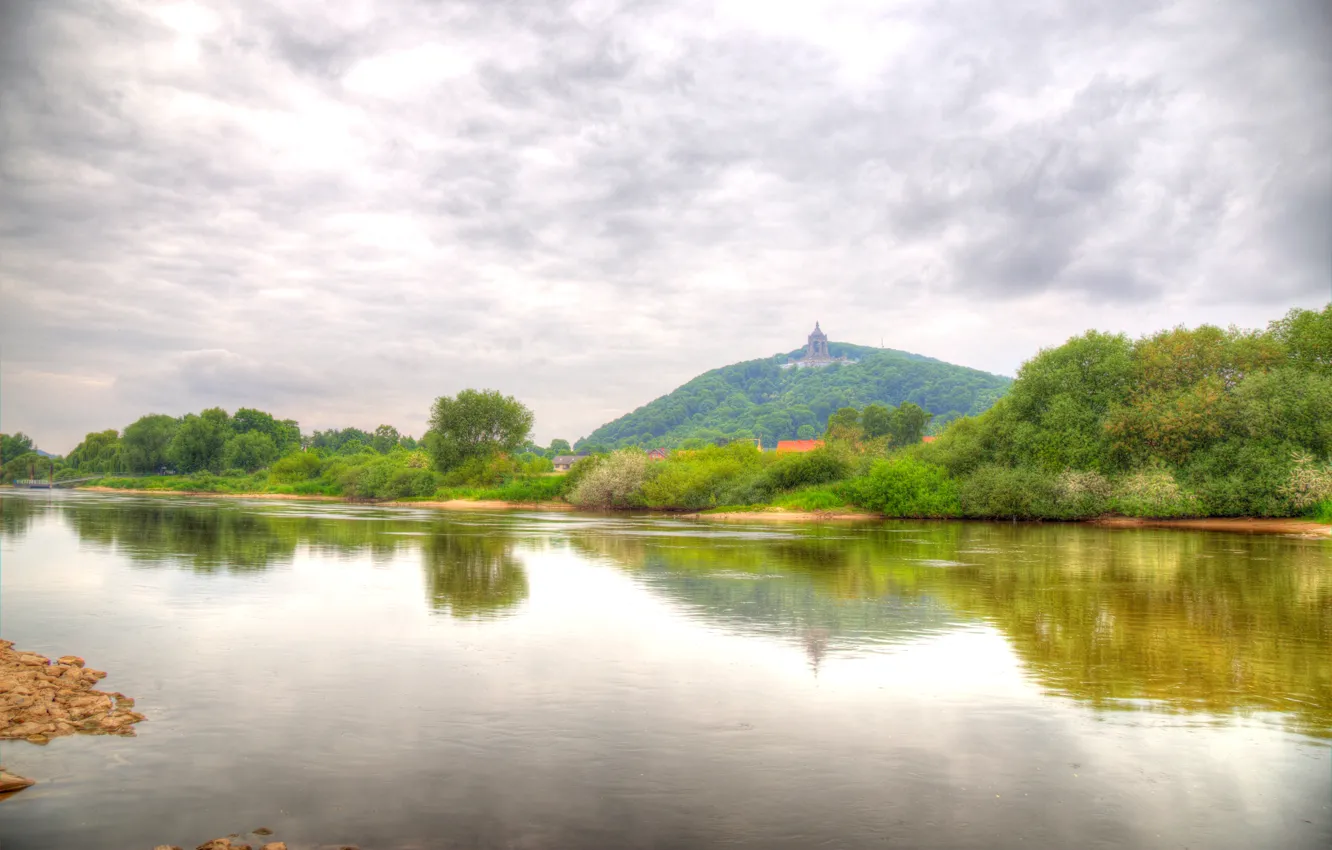 Photo wallpaper greens, clouds, trees, river, shore, mountain, HDR, Germany