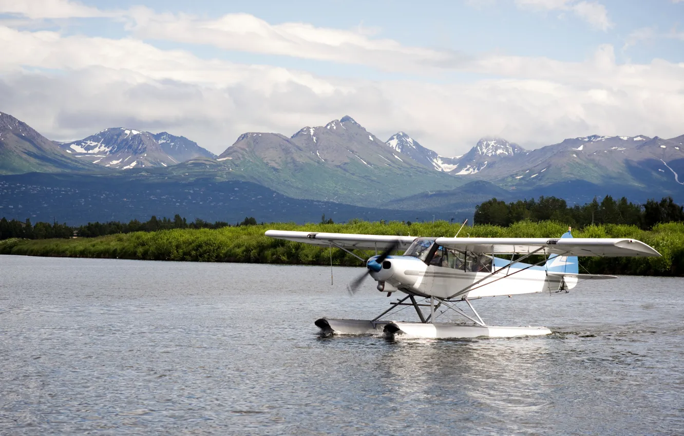 Photo wallpaper clouds, landscape, mountains, river, on the water, seaplane