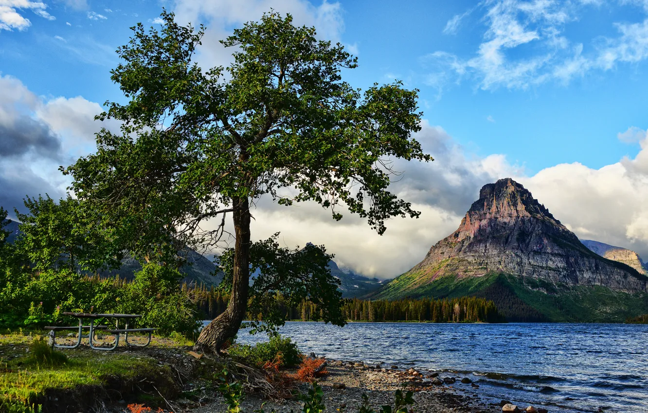 Photo wallpaper landscape, mountains, lake, tree