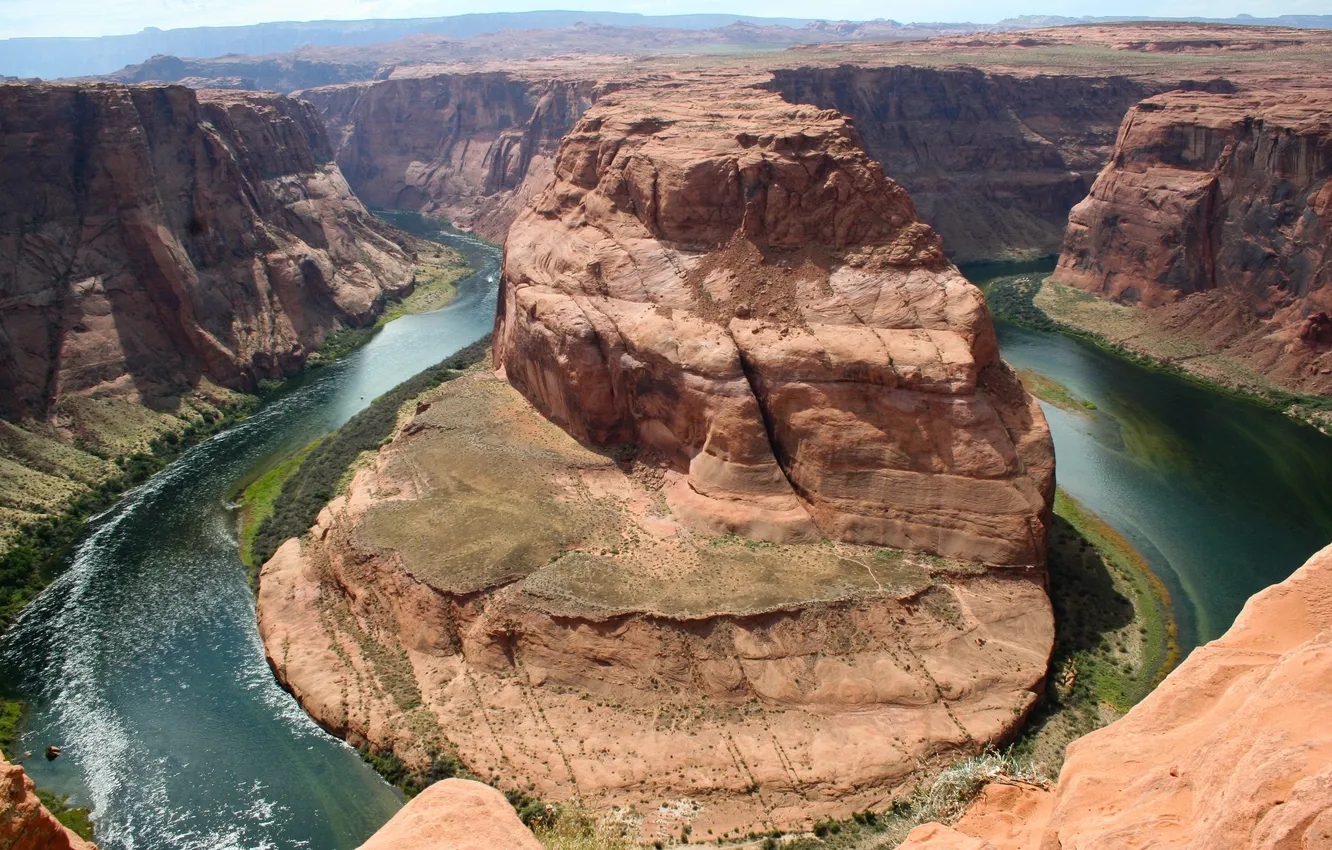 Photo wallpaper the sky, mountains, river, rocks, height, horizon, river, sky