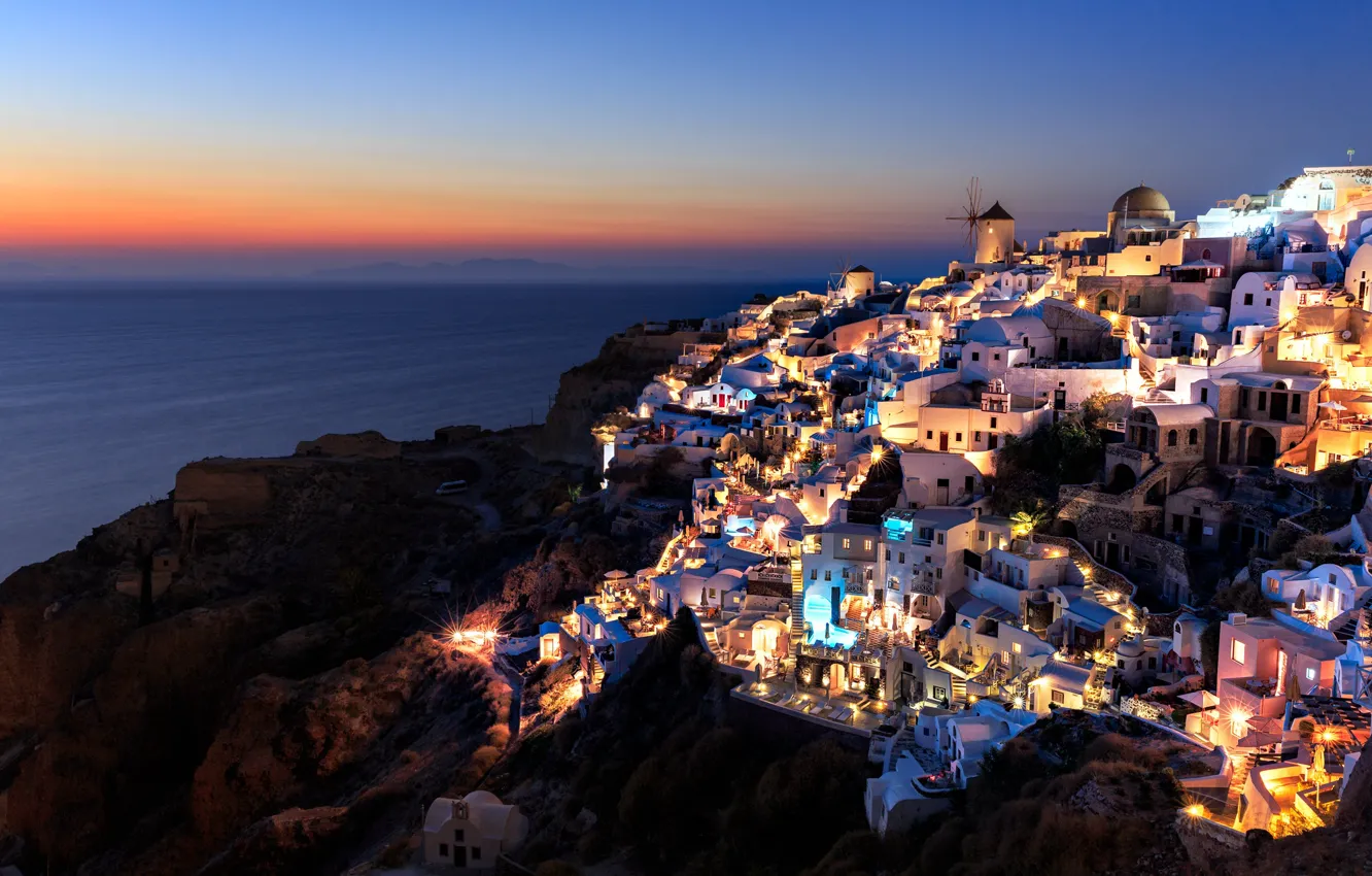 Photo wallpaper sea, night, home, Santorini, Greece