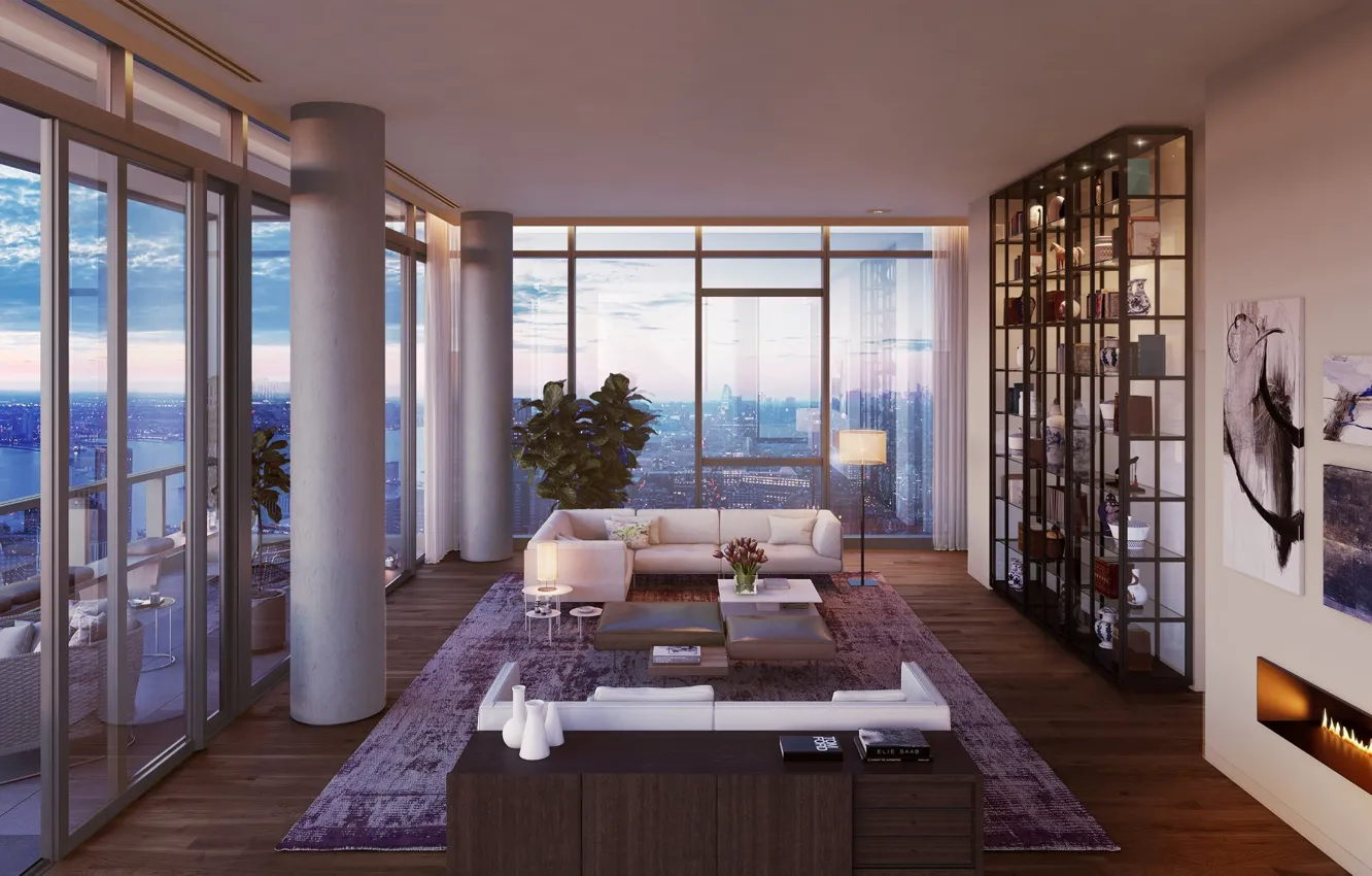 Photo wallpaper interior, fireplace, penthouse, terrace, living room, Striking Duplex House In Tribeca New York