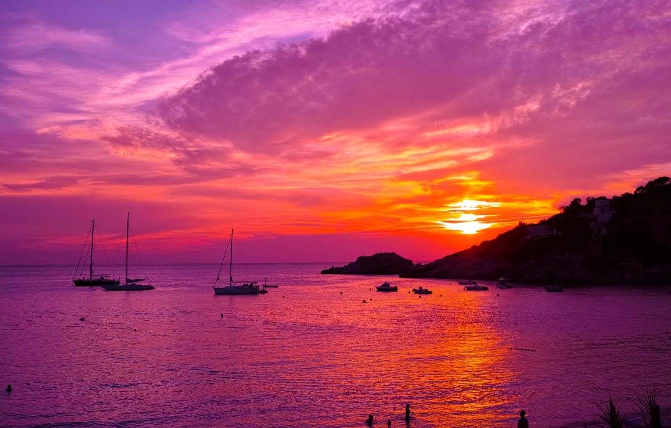 Photo wallpaper sea, sunset, coast, yachts, boats, the evening, glow, Spain