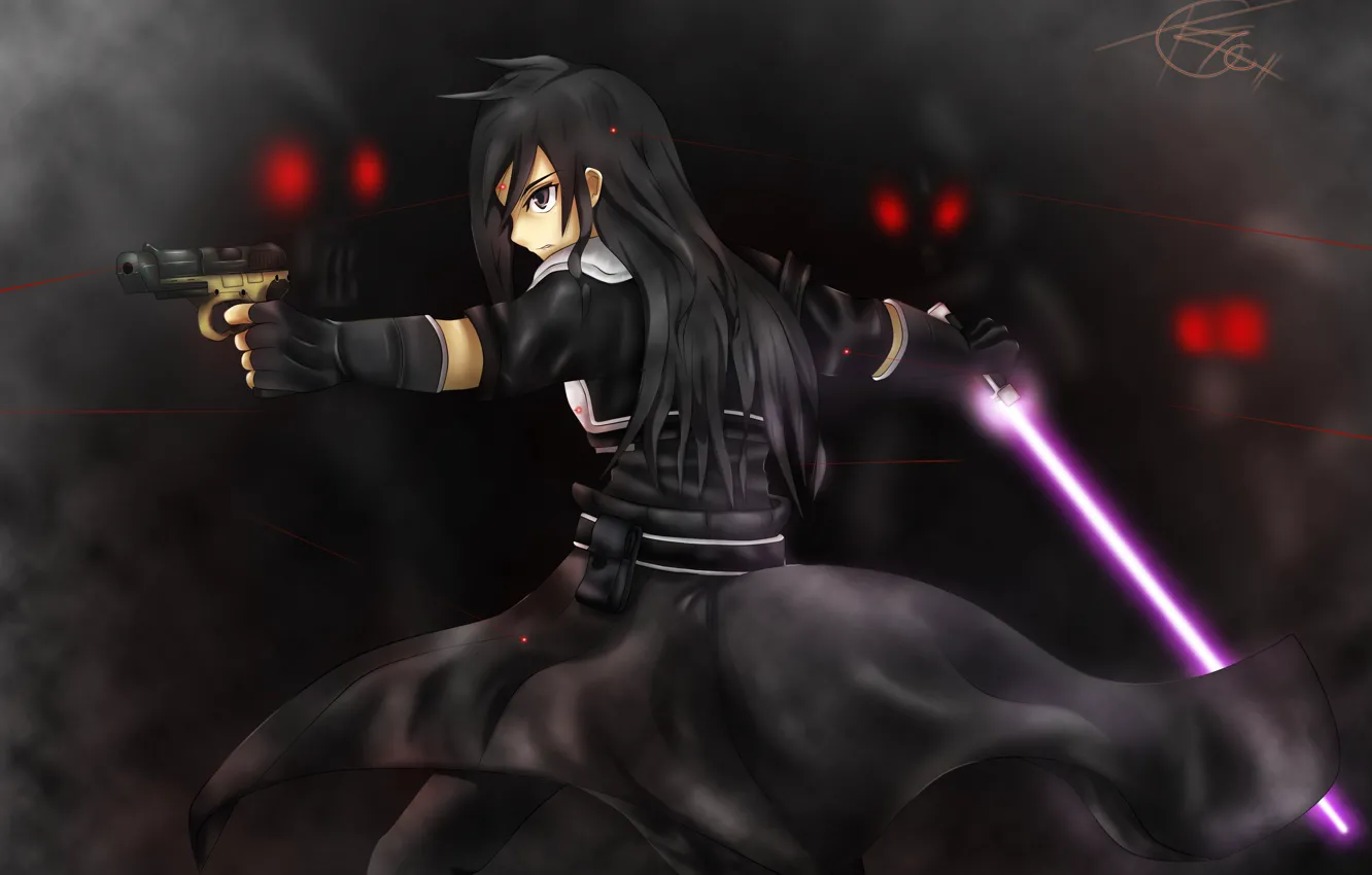 Photo wallpaper gun, sword, red eyes, the fight, Kirito, black cloak, in the dark, red lines