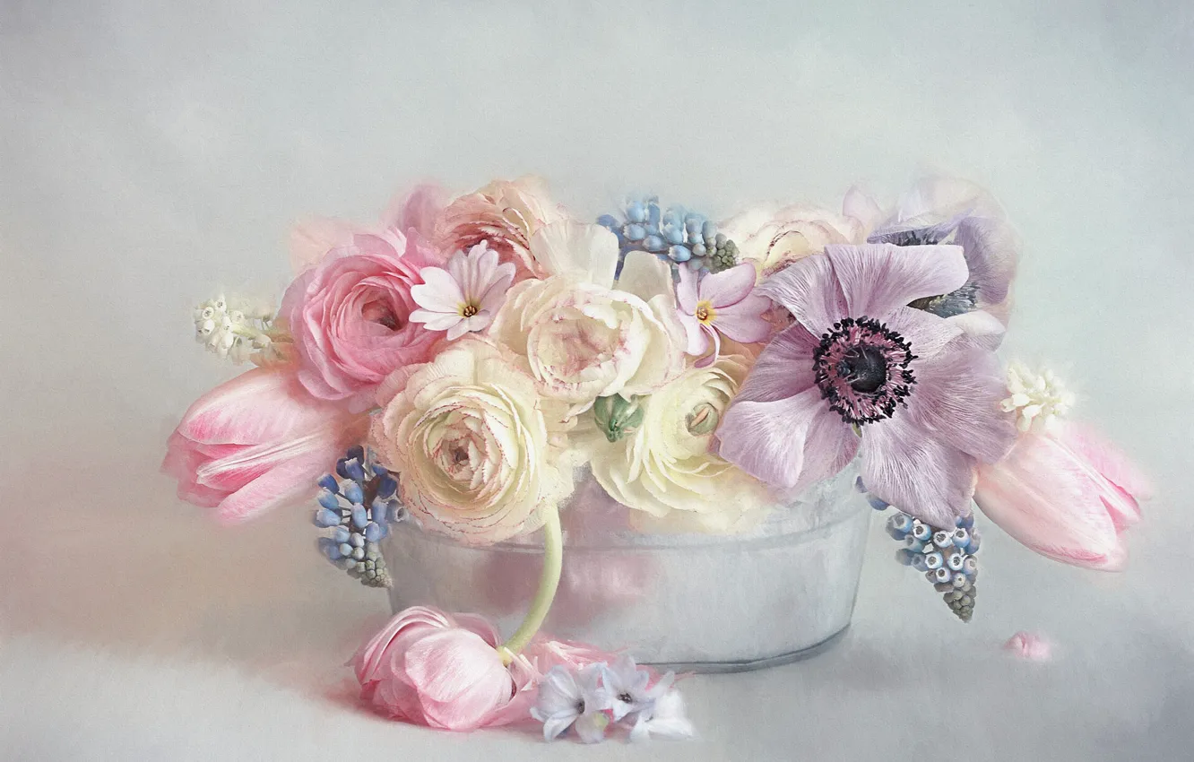 Photo wallpaper flowers, bouquet, blue, art, tulips, pink, white, still life