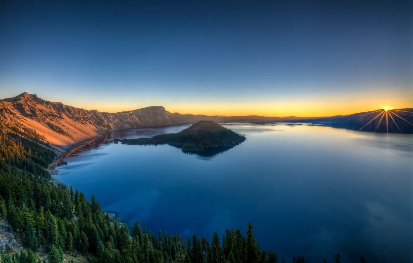 Photo wallpaper trees, nature, lake, island, crater