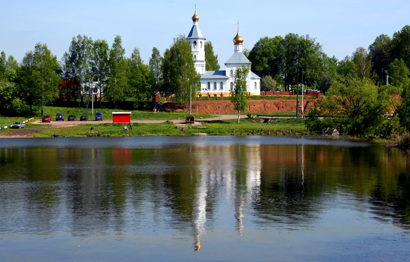 Photo wallpaper river, shore, Tishkovo, Podmoskvje., The Church Of St. Nicholas