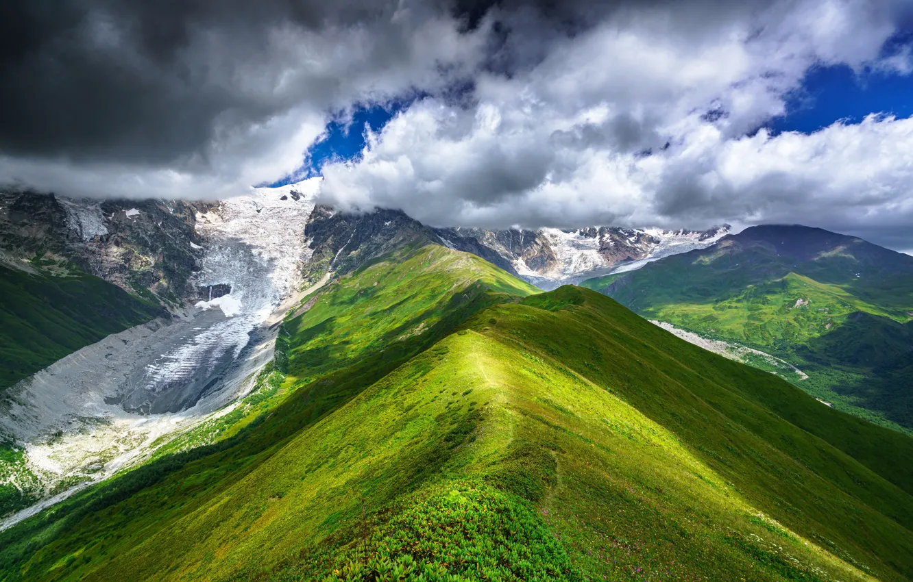 Photo wallpaper the sky, clouds, snow, mountains, Georgia, Upper Svaneti, Chkhutnieri Pass