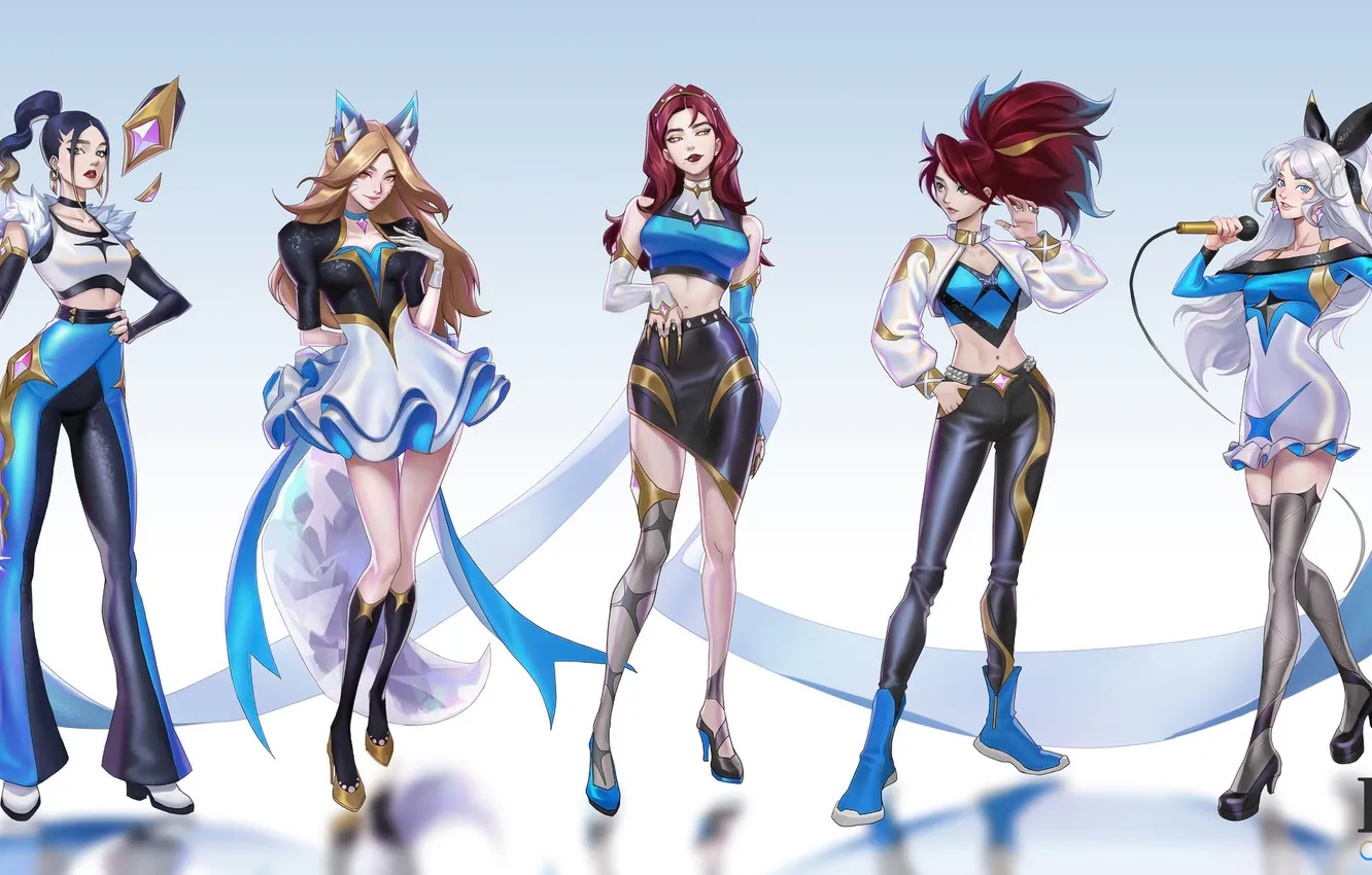 Photo wallpaper League of Legends, drawing, Line-Up, group of women, KDA, KDA Ahri, KDA Evelynn, Video Game …