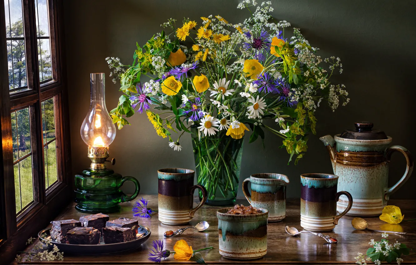 Photo wallpaper flowers, style, lamp, chamomile, window, mug, cake, still life