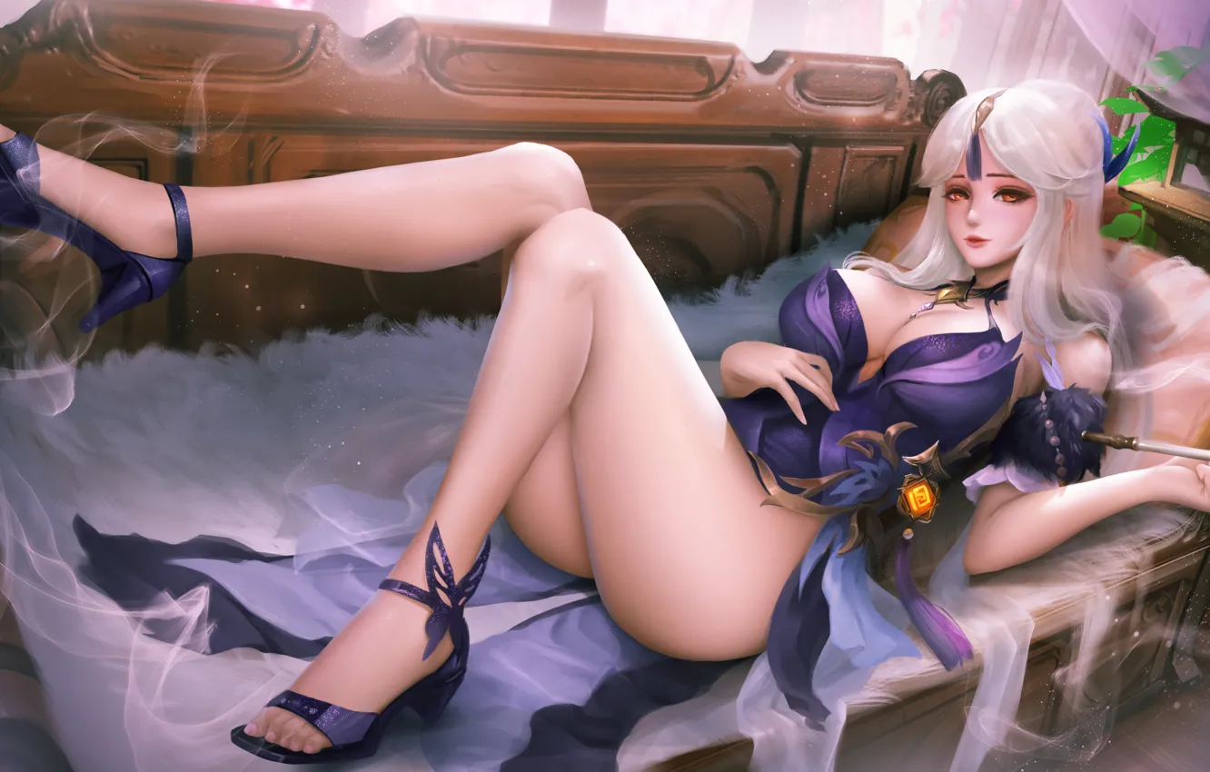 Photo wallpaper girl, sofa, lies, mouthpiece, Genshin Impact, Ningguang, turewindwalker