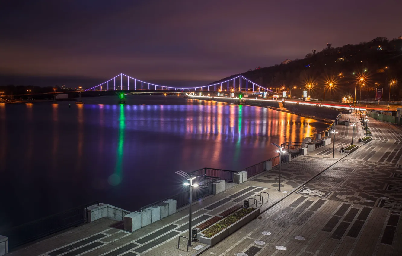 Photo wallpaper river, lights, Ukraine, Kiev, night city lights, Park bridge, the embankment of the Dnieper