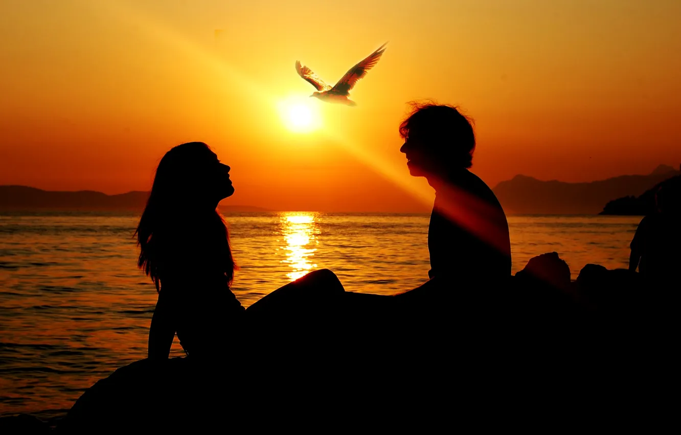 Photo wallpaper sea, summer, freedom, girl, the sun, love, sunset, bird