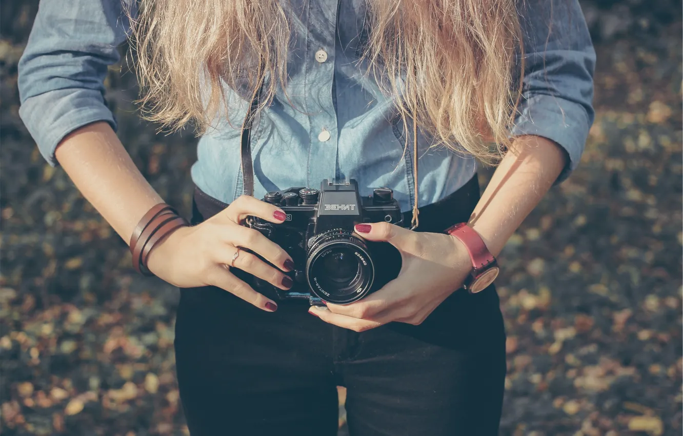 Photo wallpaper girl, style, retro, photo, hands, Zenit, the camera, film