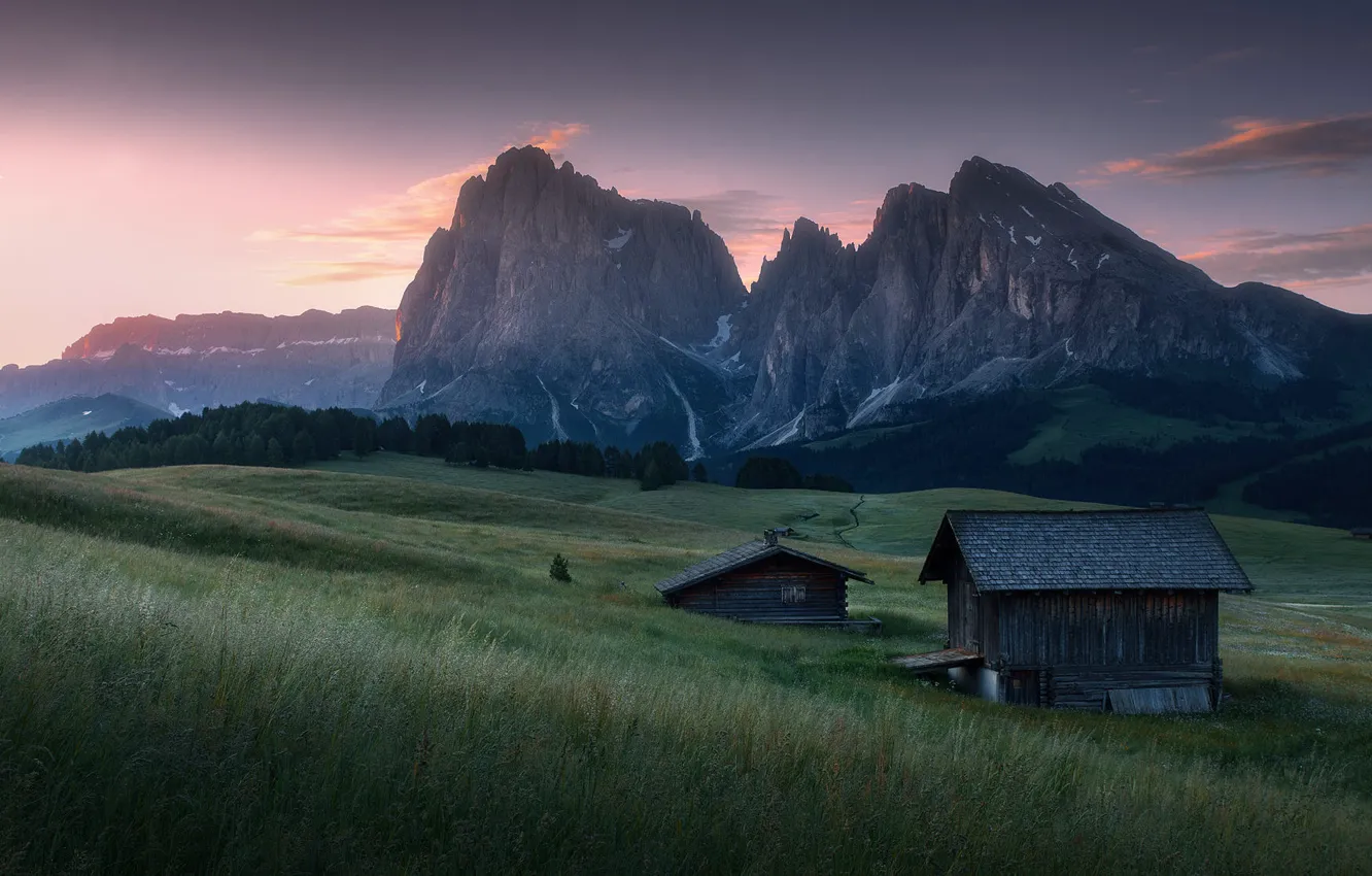 Photo wallpaper greens, field, forest, summer, grass, clouds, mountains, rocks