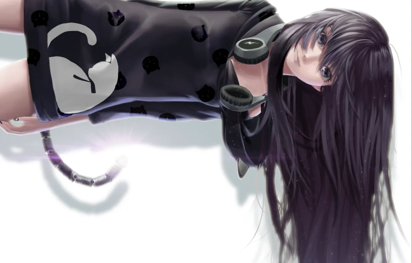 Photo wallpaper cat, girl, hair, anime, headphones, art, tail, lepus