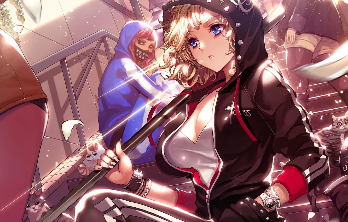 Photo wallpaper cat, girl, anime, mask, art, ladder, hood, xaxak