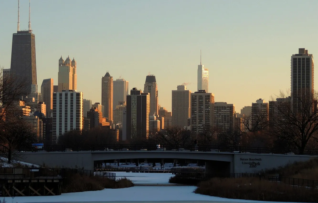 Photo wallpaper ice, winter, snow, sunset, skyscrapers, Chicago, USA, America