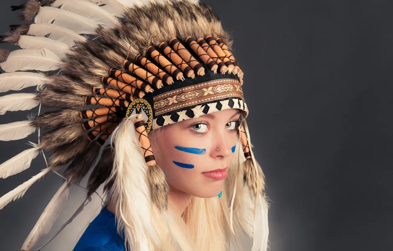Photo wallpaper eyes, look, girl, face, feathers, headdress