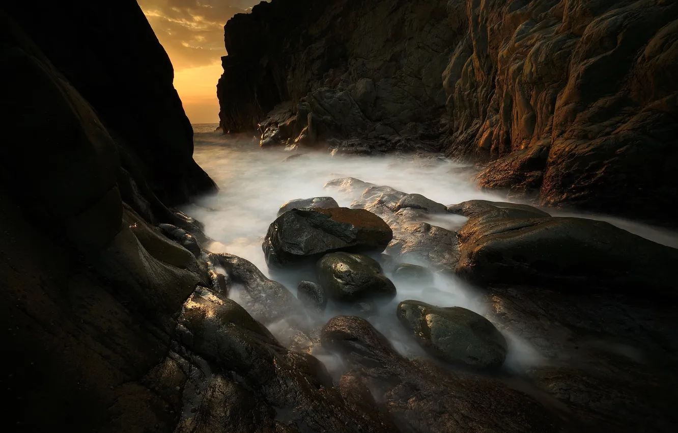 Photo wallpaper landscape, stones, the ocean, rocks, shore