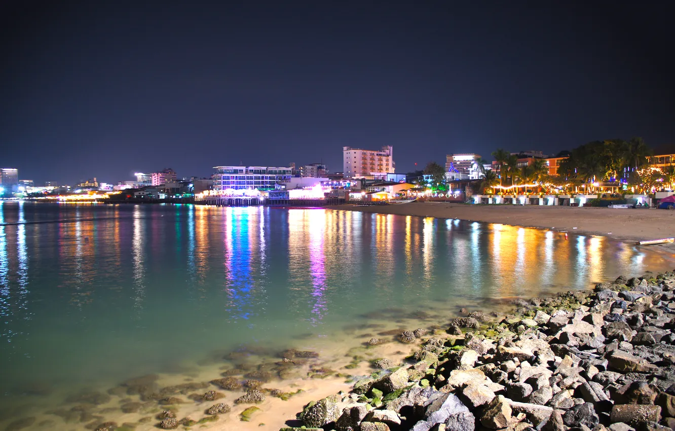 Photo wallpaper sea, beach, night, lights, stones, Thailand, Pattaya