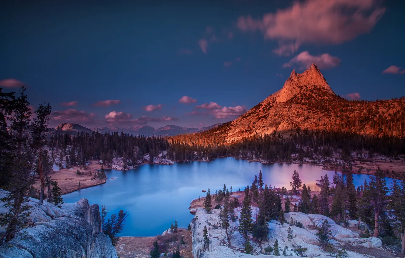 Photo wallpaper mountains, lake, morning
