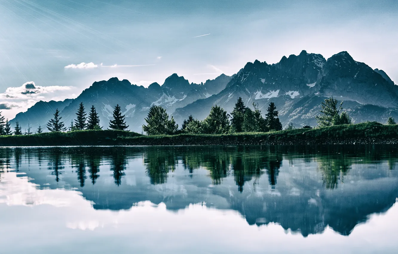 Photo wallpaper mountains, lake, digital art