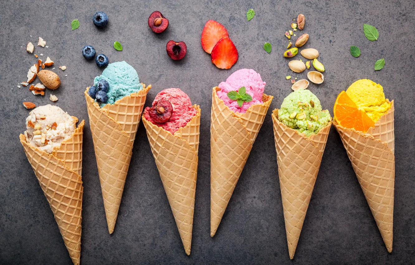 Photo wallpaper berries, colorful, ice cream, fruit, nuts, horn, fruit, berries