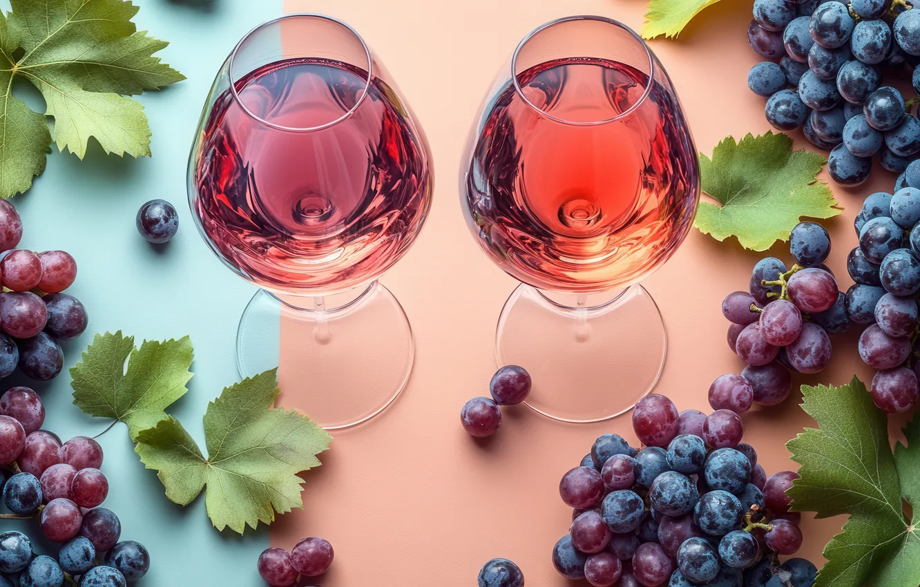 Photo wallpaper leaves, blue, berries, table, wine, glass, grapes, pink background