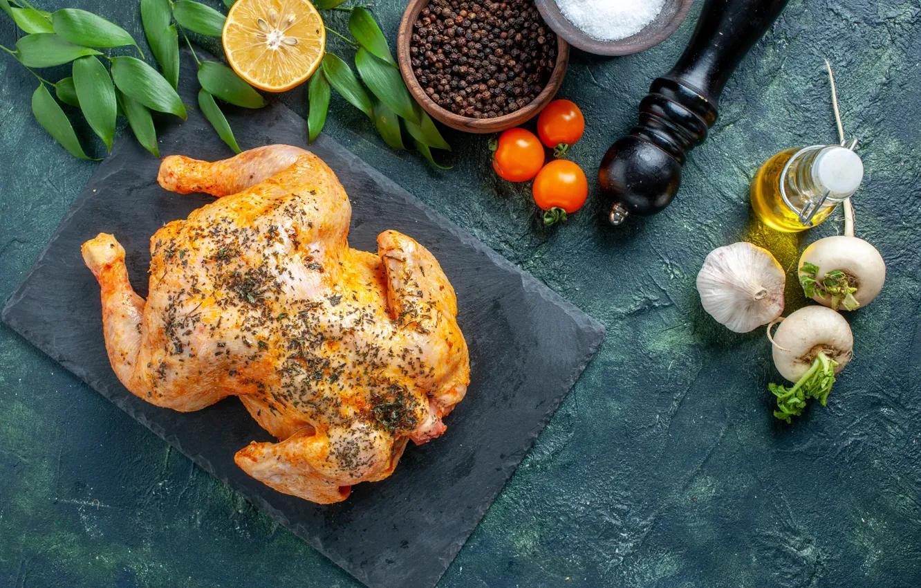 Photo wallpaper chicken, meat, vegetables, garlic, fried chicken